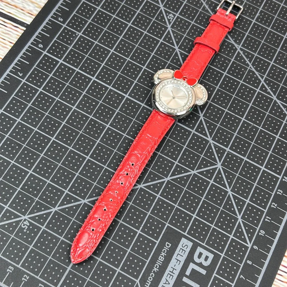 Disney Store Minnie Mouse Watch Red Leather Rhinestone Silver Tone‎ Never Worn